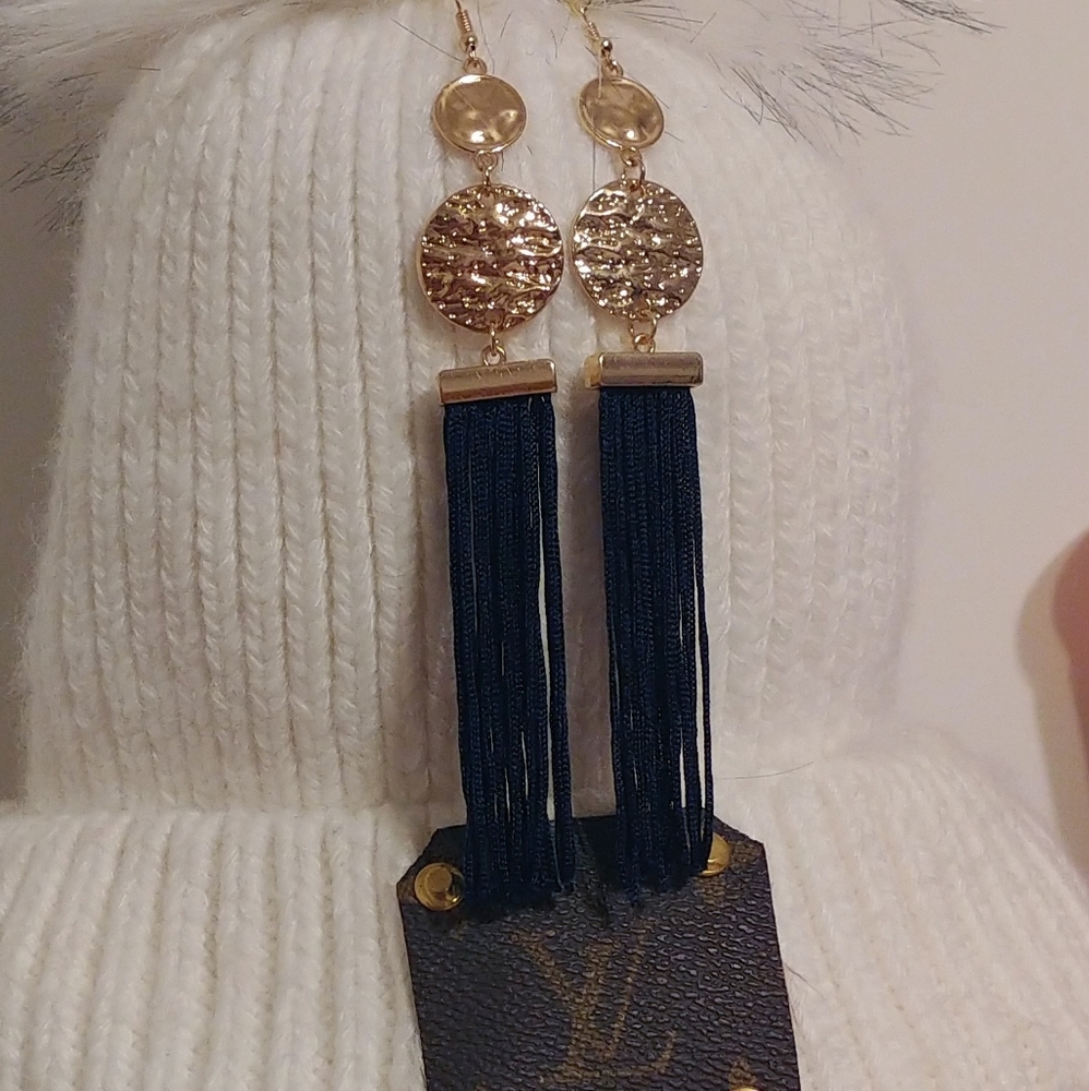 Gold and Navy Blue Tassel Earrings